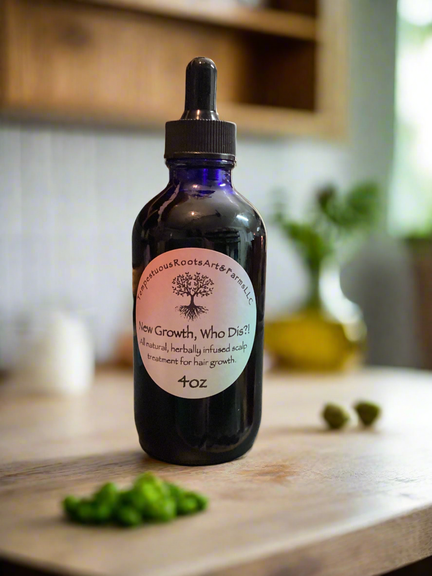 A 4 oz glass dropper bottle of 'New Growth, Who Dis?' all-natural, herbally infused hair growth treatment set against a blurred background with foliage.