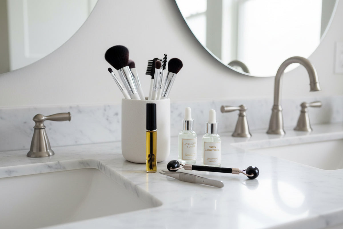 Big Bush Energy, a brow and lash growth support oil on a clean white bathroom sink with other makeup accessories around