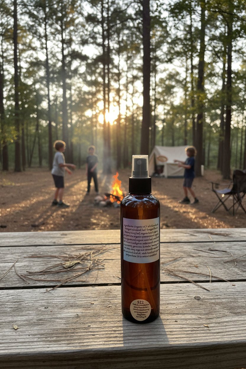 Buzz Off B!$CH!! botanical outdoor spray by Tempestuous Roots on wooden table kids playing at a campsite in the background