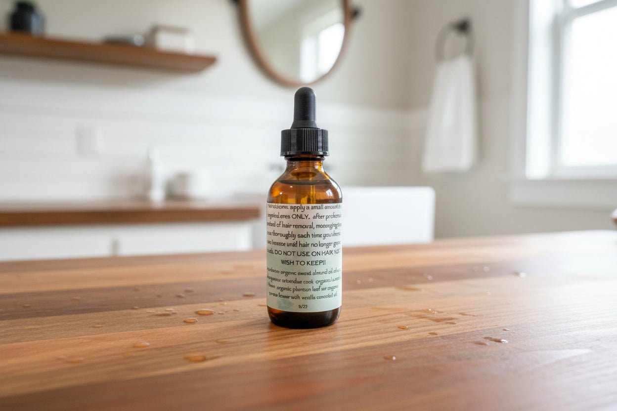 Dead Roots post hair removal oil by Tempestuous Roots Art & Farms LLC on a wooden table