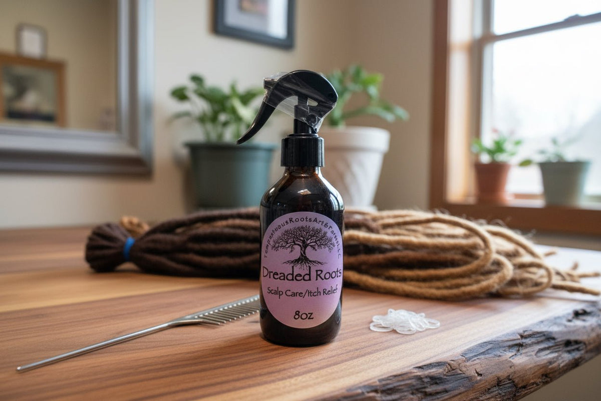 Dreaded roots botanical scalp care spray by Tempestuous Roots Art & Farms LLC on a wooden table with woven dreads and a comb lying behind it