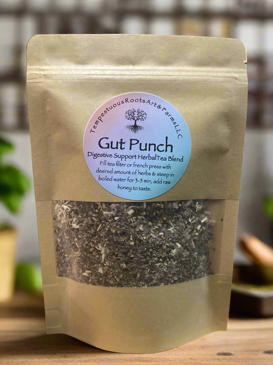 Tempestuous Roots Gut Punch Tea – natural herbal tea for digestive balance, gut support, and holistic wellness.