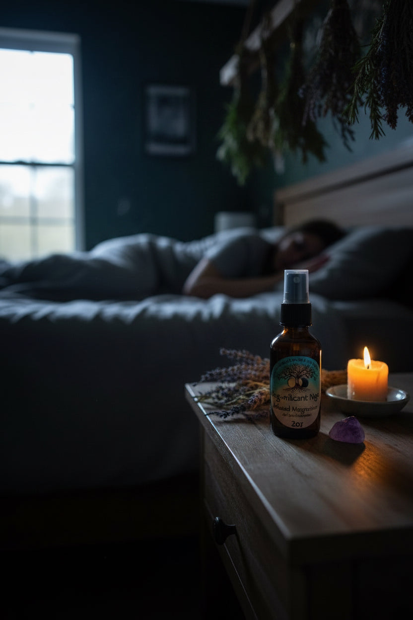 Mag-nificant Night botanical magnesium body mist by Tempestuous Roots on a nightstand with a person sleeping on a bed in a blurred background