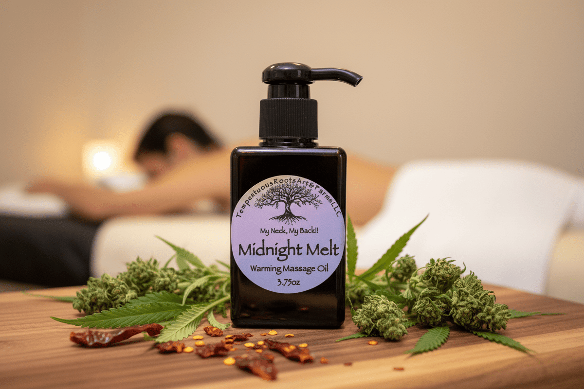 MNMB Midnight Melt warming botanical massage oil by Tempestuous Roots surrounded by herbs and peppers with a person lying face down in a blurred background