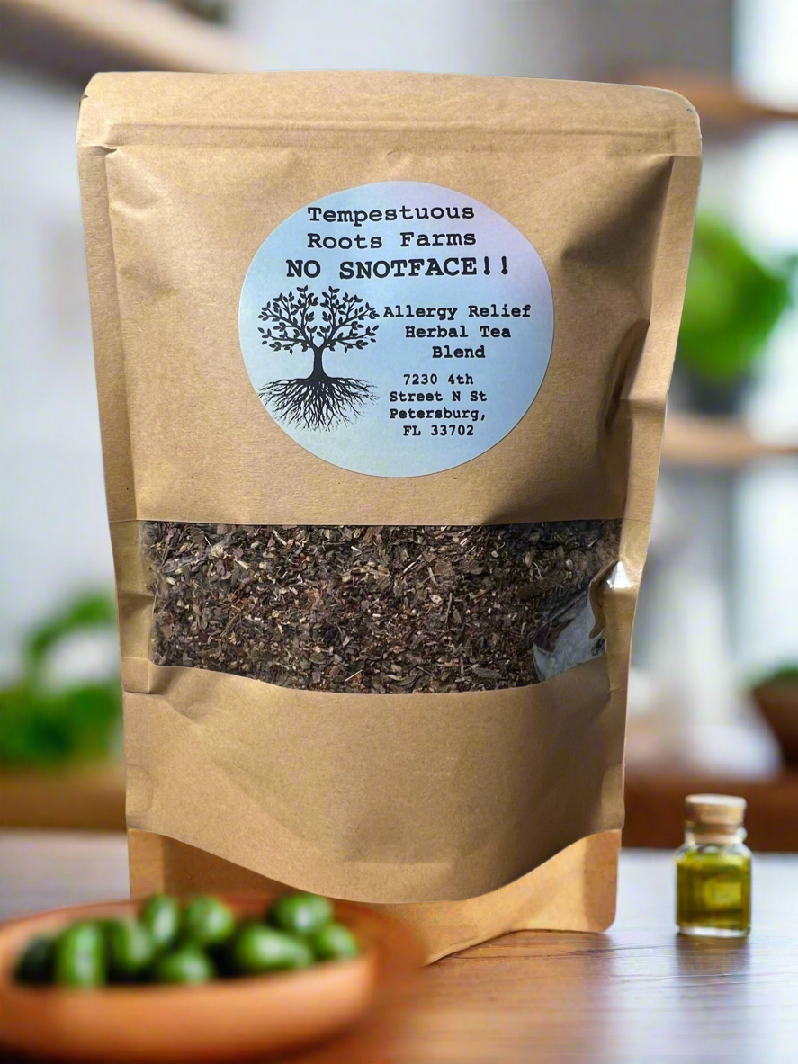 No Snotface herbal allergy relief tea blend with a blurred background
