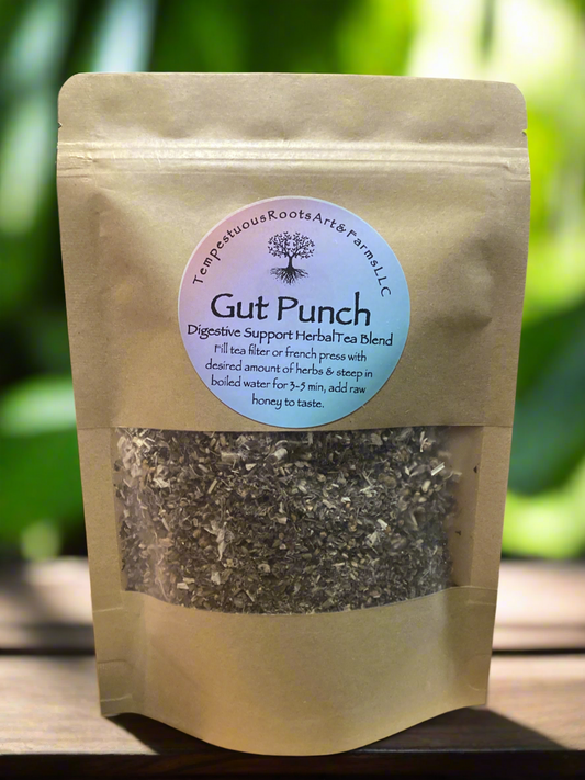 Tempestuous Roots Gut Punch Tea – natural herbal tea for digestive balance, gut support, and holistic wellness.