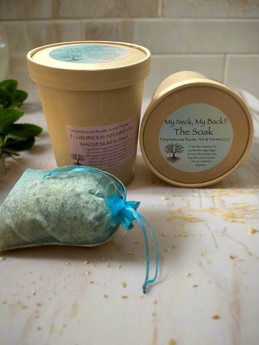 My neck my back pain relieving bath soak with epsom salt on a bathroom counter