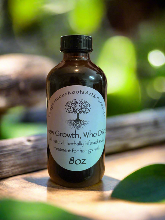 An 8oz glass bottle of 'New Growth, Who Dis?' all natural, herbal infused hair growth treatment set against a blurred background with foliage.