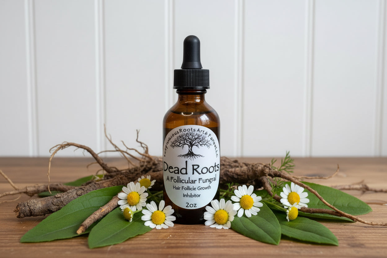 Dead Roots post hair removal oil by Tempestuous Roots Art & Farms LLC on a wooden table surrounded by herbs