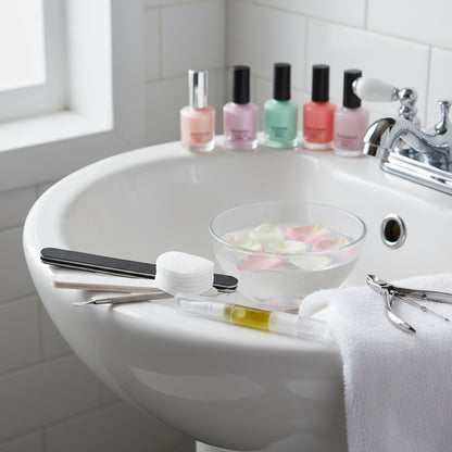 Get Nailed, nail growth support oil by Tempestuous Roots on a clean bathroom sink with other manicure supplies. 