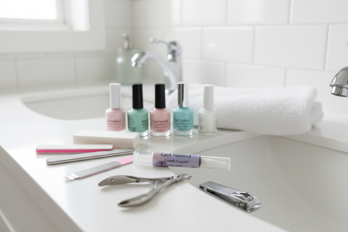 Nail Growth Support Oil "Get Nailed" by Tempestuous Roots on a white bathroom sink with manicure supplies