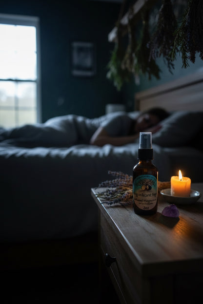 Mag-nificant Night botanical magnesium body mist by Tempestuous Roots on a nightstand with a person sleeping on a bed in a blurred background 