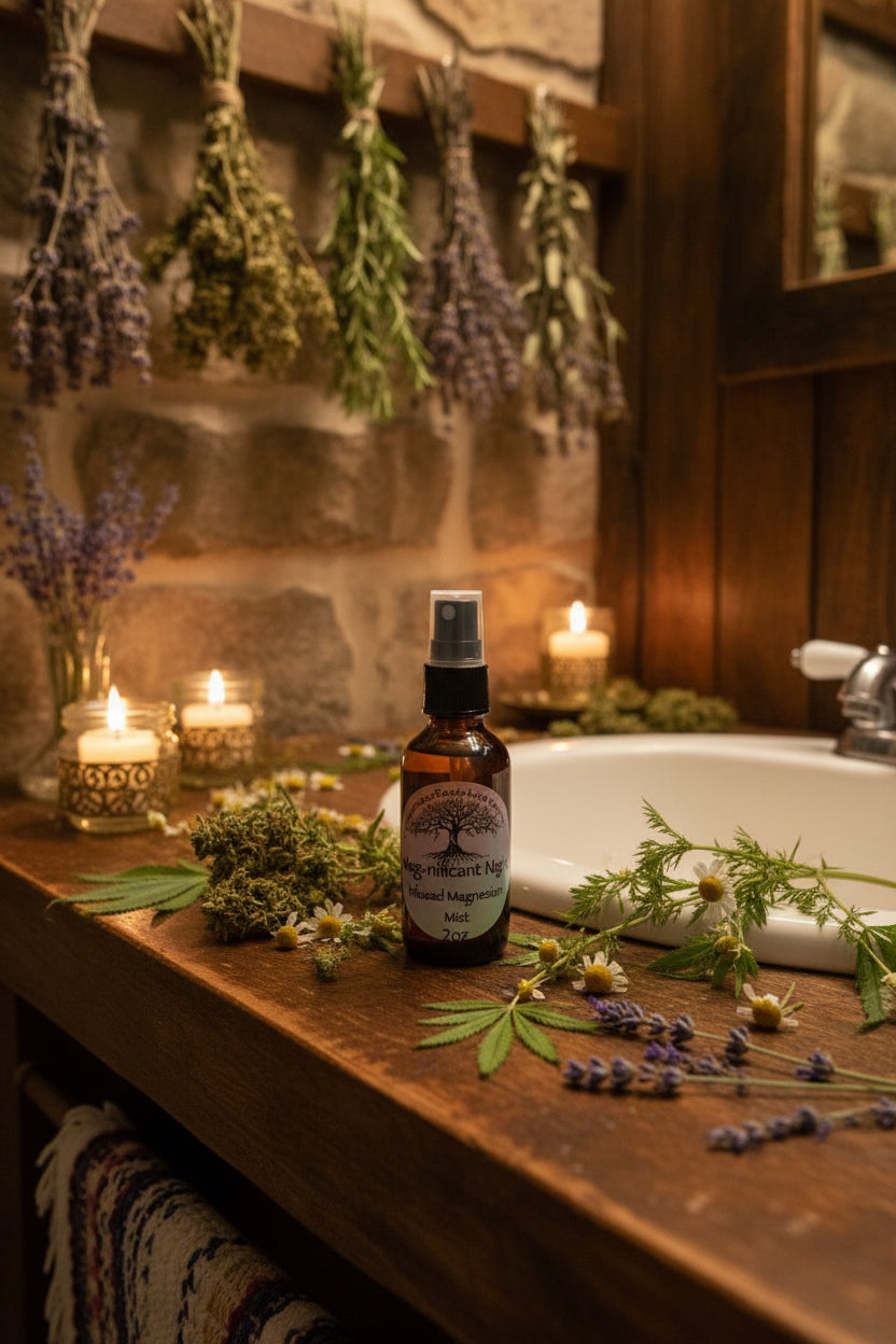 Mag-nificant Night botanical magnesium body mist by Tempestuous Roots on a wooden sink surrounded by herbs