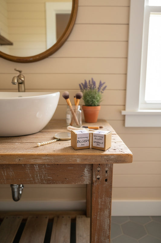 Moo Honey Blush Tallow & Honey Tinted Lip Balms sitting on a wooden countertop with makeup brushes in the background