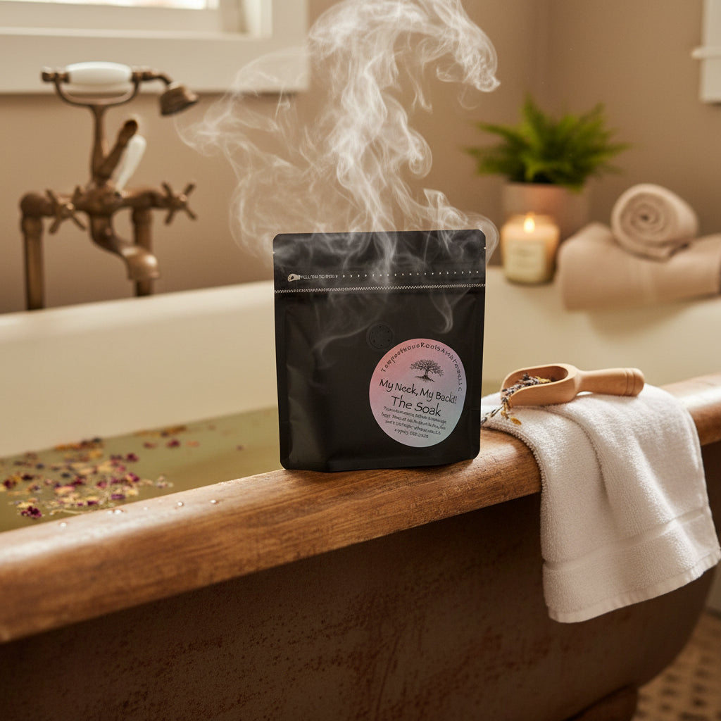 My Neck, My Back | Botanical Pain Support Bath Soak - Tempestuous Roots Art & Farms LLC sitting on a bathtub with hot water and herbs