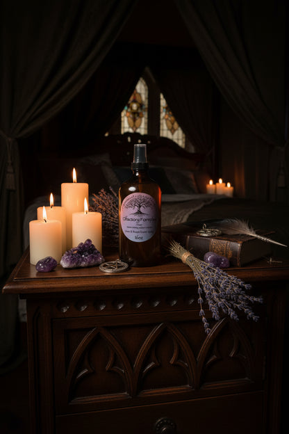 An amber glass bottle of Olfactory Foreplay MASC room spray by Tempestuous Roots Art & Farms LLC on a dark wood nightstand
