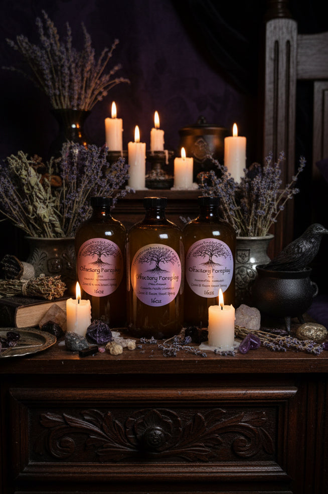 Three amber glass bottles of Olfactory Foreplay Linen & Room Scent Spray by Tempestuous Roots Art & Farms LLC, arranged side by side.