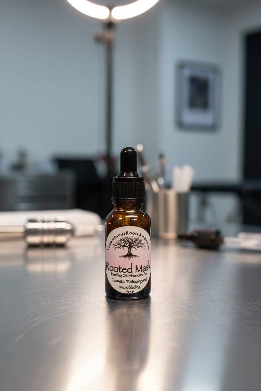Rooted Mask botanical tattoo and cosmetic aftercare oil on a tattoo studio work surface