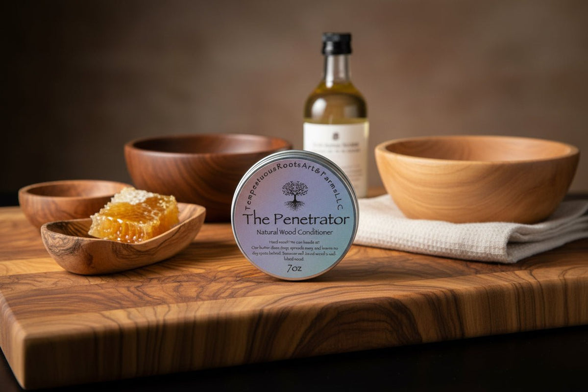 The Penetrator food-safe wood conditioner by Tempestuous Roots sitting on a cutting board with bees wax and wooden bowls 