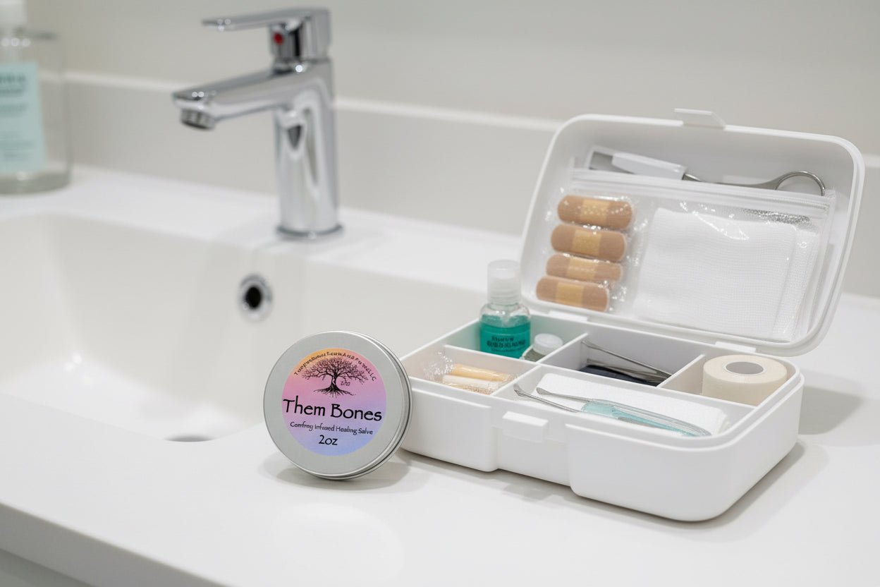 Them Bones comfrey botanical salve by Tempestuous Roots Art & Farms LLC on a clean sink with first aid kit in the background