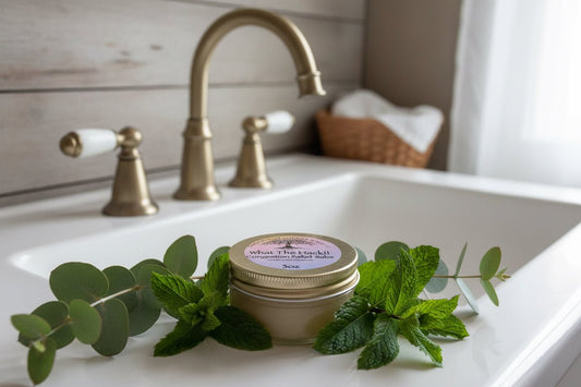 What the Hack Botanical Body Salve by Tempestuous Roots Art and Farms LLC on a white bathroom sink and surrounded by mint and greens