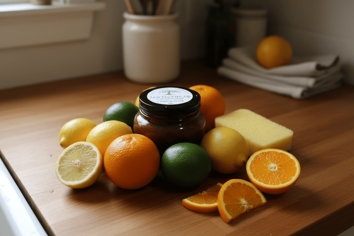 Zest The F!$K Up citrus cleaning scrub by Tempestuous Roots sitting on a wooden surface and surrounded by citrus fruit